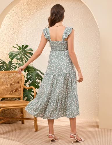 Image of KOJOOIN Womens Maternity Dress Summer Sleeveless Smocked Square Neck Ruffle Casual Boho Midi Dress Baby Shower Photoshoot