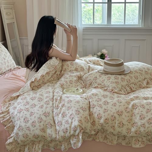 Image of VM VOUGEMARKET Muslin Cotton Duvet Cover Set Queen,Vintage Flower Comforter /Quilt Cover with Romantic Ruffles,Soft, Breathable & Lightweight 90 inchx90 inch