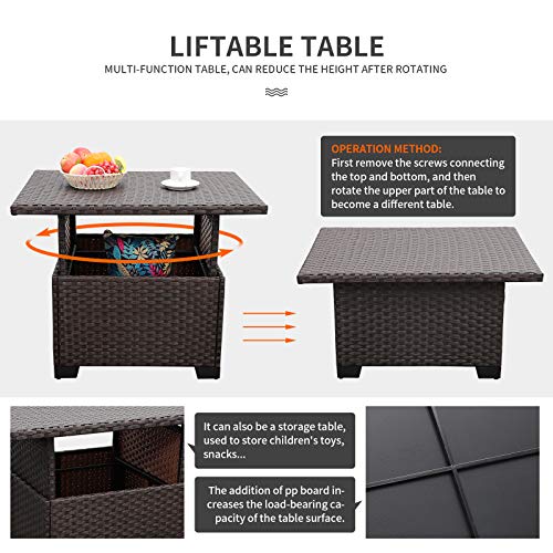 Outdoor Patio Dark Brown Rattan 7 Piece Sectional Set Pe Wicker Conversation Sofa With Liftable Storage Table, Non-Slip 5" Thick Navy Blue Cushion And Furniture Cover #TOP5