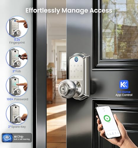 Image of Veise VE018 Smart Knob Handle Lock - Fingerprint, App Control, Keyless Entry for Front Door and Bedroom, Electronic Digital Keypad, Auto Lock, Remote Access Sharing, Easy Installation, Satin Nickel