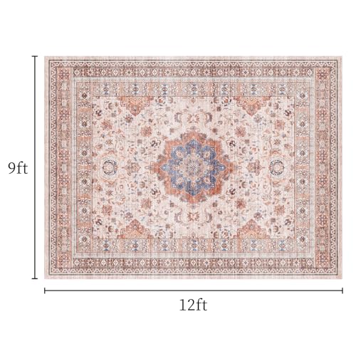 Vintage 9x12 Washable Area Rug, Low-Profile Large Area Rug with Non-Slip Backing & Durable Edge Binding, Pet-Friendly Carpet, Large Rug for Living Room, Bedroom & Dinning Room