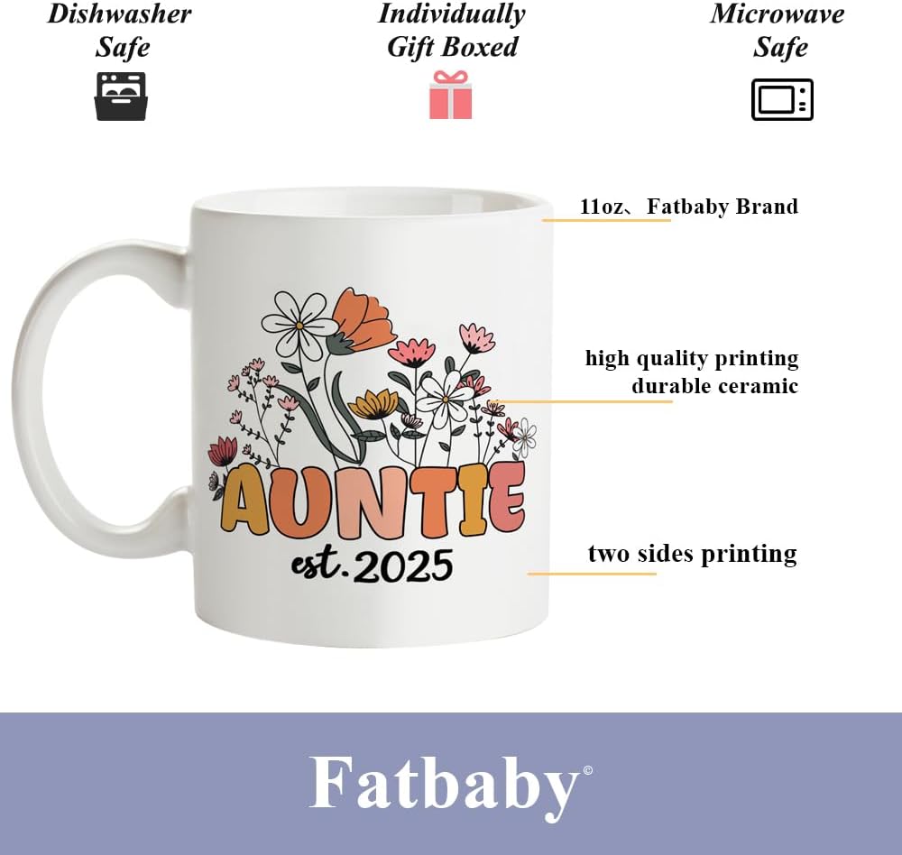 Fatbaby Auntie Est.2025 Coffee Mug for New Aunt,Pregnancy Announcement Gifts For First Time Auntie, Mothers Day Christmas Baby Shower Gifts For Aunt To Be Tea Cup 11OZ - Image 5
