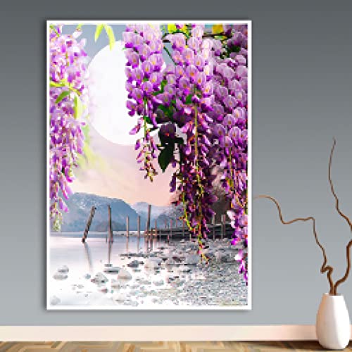 Arte de la pared pintura de lago y flores decoración salón tríptico naturaleza nórdica 4