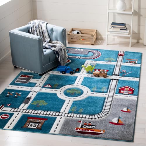 SAFAVIEH Carousel Kids Collection Area Rug - 5'3' x 7'6', Turquoise & Ivory, Non-Shedding & Easy Care, Ideal for High Traffic Areas for Boys & Girls in Playroom, Nursery, Bedroom (CRK192K)