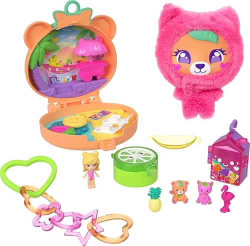 Polly Pocket Estuche Osito de Peluche, Conjunto de Juego con muñeca, Mascotas y Llavero, Peluche con Accesorios temáticos de Fruta y Abalorios, JKC79