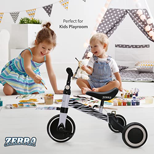 3 in 1 Kids Tricycles - Balance Training Bike Convertible Toddler Walker Riding Toys for 10 Month to 3 Year Old Boys Girls w/Removable Pedals, Carbon Steel Frame, Adjustable Seat Height (Zebra) - Thumbnail 6