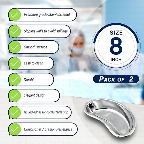 Image of OTICA Stainless Steel Kidney Tray 8'' Medium Kidney Shaped Emesis Basin Surgical Medical Tray pan Bowls Reusable Metal Kidney Dish Dental Lab Instruments Bathroom Soiled Dressings Medic Waster