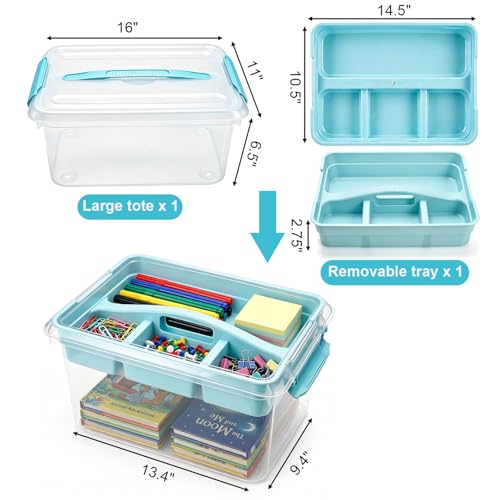 Image of Yesland Stack & Carry Box with Removable Tray, 16 x 11 x 6.5 Inch Plastic Art Supply Storage Organizer Craft Storage Containers with Handle, Portable Organizer Bin for Stationery Sewing Jewelry, Blue