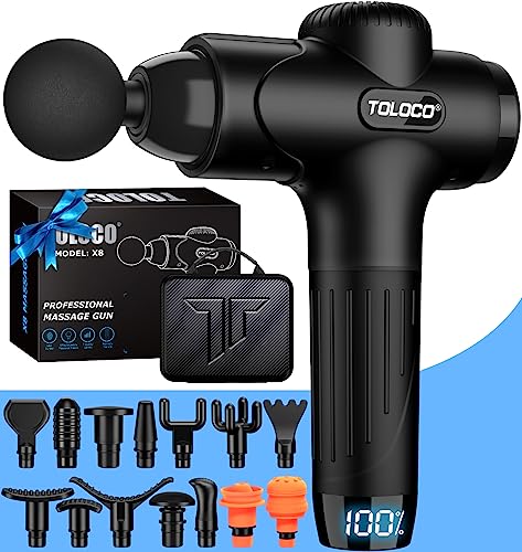TOLOCO Massage Gun, Muscle Massage Gun Deep Tissue, Percussion Massage Gun with 15 Replacement Heads, Super Quiet Portable Electric Massager for Athletes, Treatment, Relax, Father's Day Gift, Black
