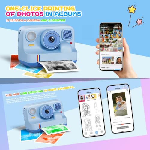 Image of Instant Print Camera for Kids, Christmas Birthday Gifts for Girls Boys Age 3-15, 1080P Selfie Portable Digital Video Camera with 32GB SD Card, 3-Colored Print Paper- Blue
