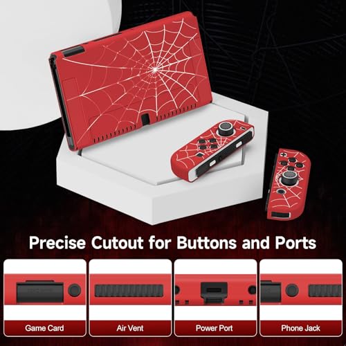 JINGDU Case Compatible with Nintendo Switch OLED 2021, TPU Case Accessory for Switch Console and Grip Joy-Con, Switch Protector with 4 Thumb Grips, Red Spider Web - Image 2