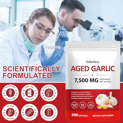 Knoblauch Kapseln - Geruchloser Gelagerter Knoblauch Extrakt - 7500mg Äquivalent pro Portion (15:1 Extrakt) - 300 Weichkapseln - Unterstützt Herz, Kreislauf & Immunsystem - Knoblauchkapseln