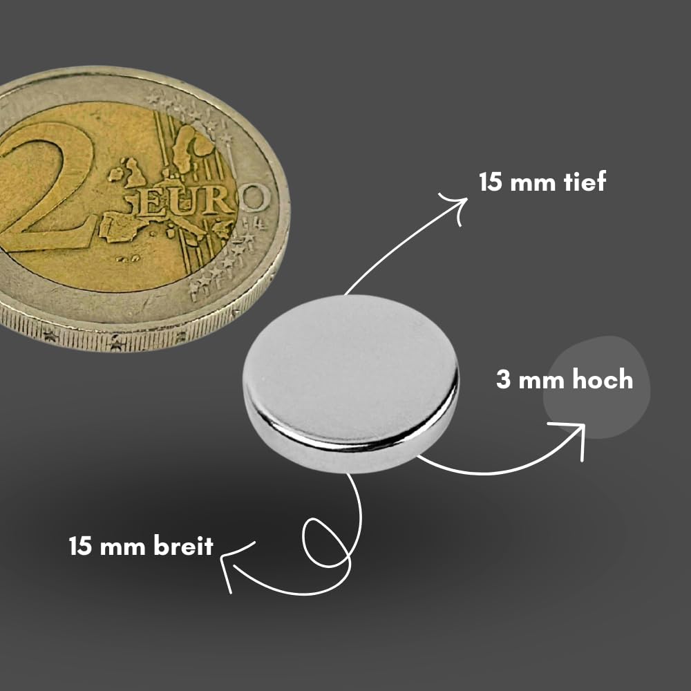 Strong Magnets Neodym Magnet - Rund 15 x 3 mm - 100 Stück - Extra stark, hält bis 2,9kg - Für Magnettafel, Kühlschrank, Whiteboard, Pinnwand, Büro