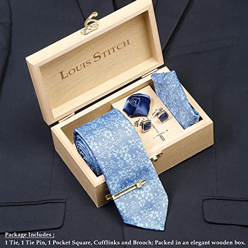 Image of LOUIS STITCH Mens Silk NeckTie Golden Tiepin Gift Combo Set With Pocket Square Cufflinks Brooch Tie Golden Tiepin (Suit Accessories) (Britain)