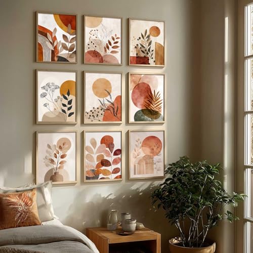Image of kotart Aesthetic Boho Floral Painting Wall Art Home Decoration | Abstract Floral Aesthetic Paintings With Frame For Living Room Bed Room Hotel Wall Decor Digital Reprint Set of 9 (13X17 inch)