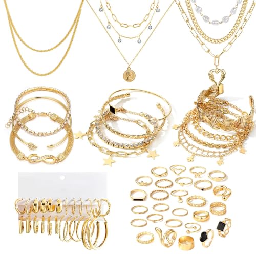 17IF 38-59 Pcs(9-8 Pack) Gold Plated Jewelry Set for Women With 8 Necklace 12 Bracelet 27 Ring 12 Pair Earring Hoop Simple Sparkle for Happy
