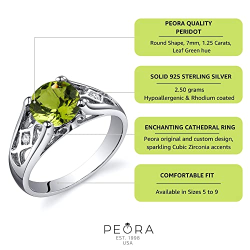 Peora Genuine Peridot Ring For Women 925 Sterling Silver, 1.25 Carats Round Shape, Cathedral Style Solitaire, Size 8 #TOP4