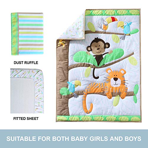 Springbaby Crib Bedding Set For Boy, Girl, Soft Cotton Baby Bedding Set, Portable Standard Crib Bedding Set, Safari Woodland Tiger Monkey Crib Bedding Set, 3 Piece Neutral Crib Set In White/Green #TOP6