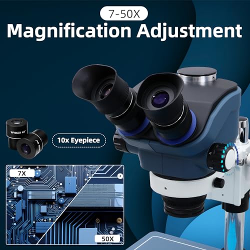 Image of HengTianMei TX-350S Professional Binocular Stereo Zoom Microscope WF10x Eyepieces, 7X-50X Magnification Electronic Repair Microscope with Touch Ring Light, Solder Fume Extractor, Silicone Solder Mat