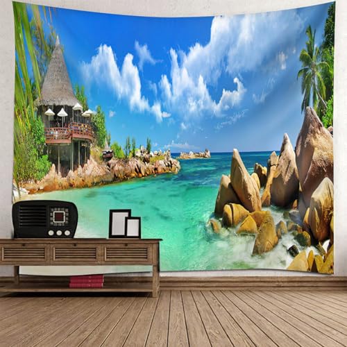 Tapisserie murale paysage pour masquer un mur nu avec un tissu mer et roches de 200x200 cm
