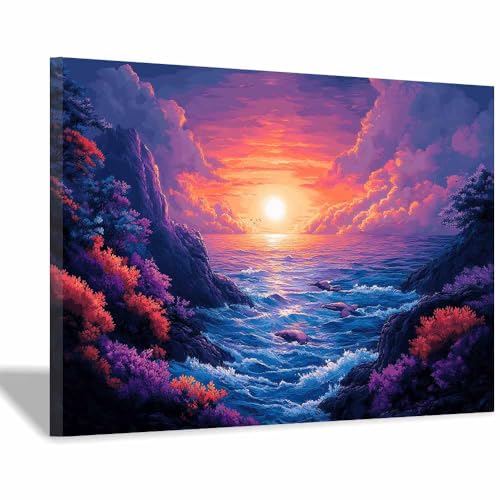 Toile murale violette dauphin 30x45cm encadrée tableau coucher de soleil