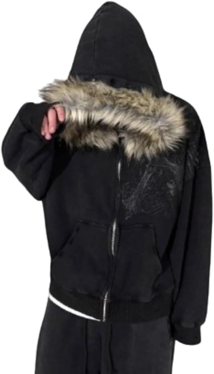 VeraieSien Grunge Clothes Unisex Y2k Top Vintage Jacket Zip Up Hoodies Printed Long Sleeve Hoodie Fur Collar Fashion Outgoing - Image 2