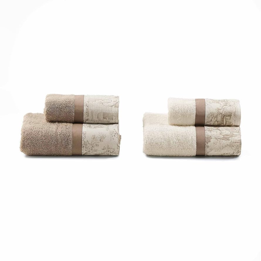 Lisola Set Asciugamani Bagno Viso e Bidet, Set 4 pezzi, 2 Coppie di Asciugamani Bagno, in Spugna di Cotone 430 gr/mq, 110 x 60 cm + 60 x 40 cm, Morbido al Tatto, Made in Italy. Modello: Jouy, Beige