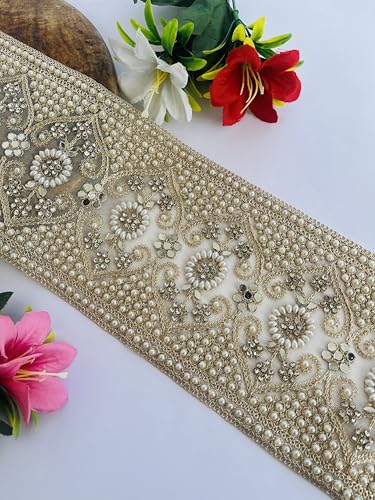 Encaje de lujo con perlas y diamantes oro pálido de 5.25 pulgadas para alta costura 5