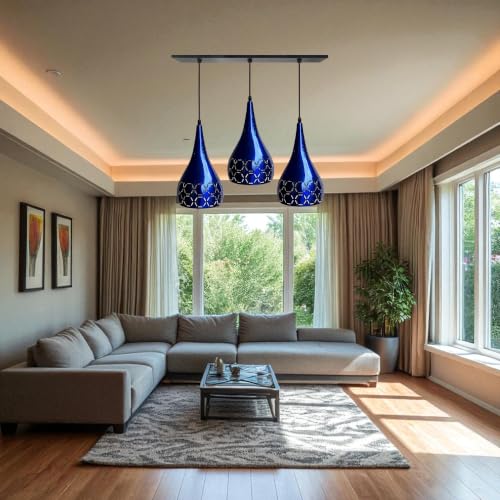 Image of GreyWings 3 Light Hanging Light for Home | Blue Aluminium Pendant Light with E27 Holder | Designer Ceiling Hanging Lamp for Bulb Not Included, Linear Set