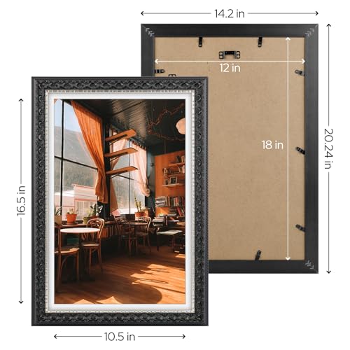 Image of Golden State Art, 12X18 Ornate Finish Photo Frame With White Mat for 11X17 Picture & Real Glass, Color: Black With Silver & Burgundy