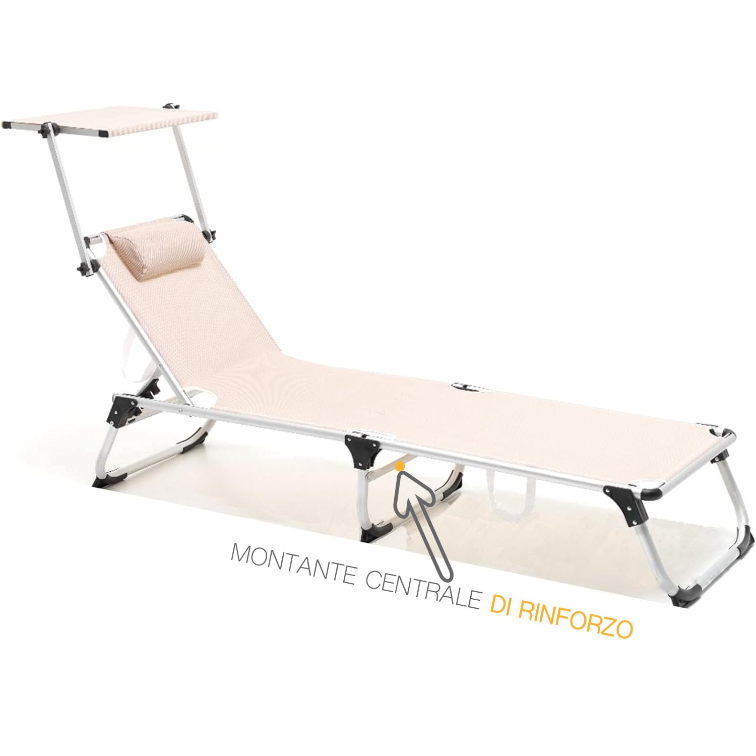 GOVITA LETTINO PRENDISOLE PIEGHEVOLE IN ALLUMINIO DA SPIAGGIA MARE  PROFESSIONALE IN ALLUMINIO CON TETTUCCIO PARASOLE ORIENTABILE E CUSCINO  PISCINA