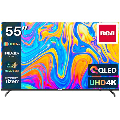 RCA Smart TV QLED UHD de 55 pulgadas, 4K HDR10 Tizen OS con Samsung TV Plus Youtube Netflix Motion Mode, 3 x HDMI, 2 x USB WiFi Bluetooth, pantalla grande para sala de estar, oficina en casa