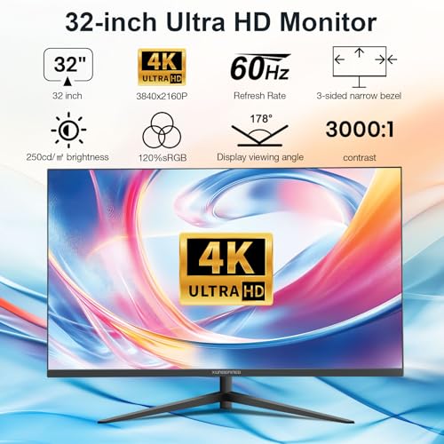 Image of 32 Inch 4K UHD Monitor, 3840 x 2160 Fast IPS Computer Monitor, 3000:1 Contrast, sRGB 120%, Blue Light Filter, Free-Sync, Zero Frame Screen With HDMI, DisplayPort for Home and Office, VESA(100x100mm)