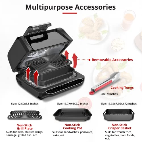 7-in-1 Indoor Grill Combo with See-Through Window and Silicon Tongs, Smokeless Electric Air Fryer up to 450°F, 1750W Contact Grill with Non-Stick Removable Plates, Even Heat, Black, 4Qt