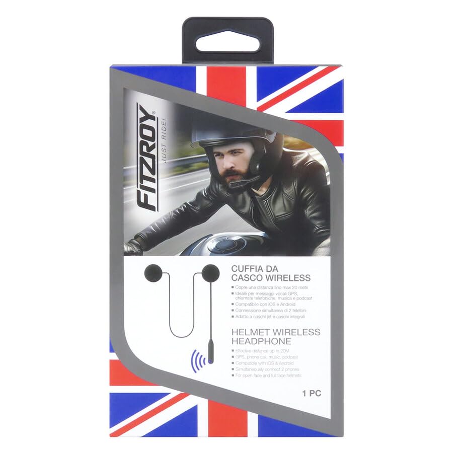 FITZROY Cuffia Bluetooth Moto per 1 Casco - Audio Hi-Fi e Chiamate Chiaro - Cancellazione Rumore ENC - Connessione 2 Telefoni Simultaneamente - Batteria 40h - Compatibile Caschi Jet/Integrali - IPX5