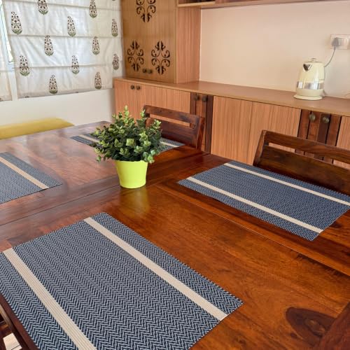 Image of Livmodern Premium PVC Dining Table Mats for 6 Seater| Woven PVC Placemats | Heat Resistant & Anti Skid Table Mats| Wipeable & Washable Set of 6- Midnight Chevron