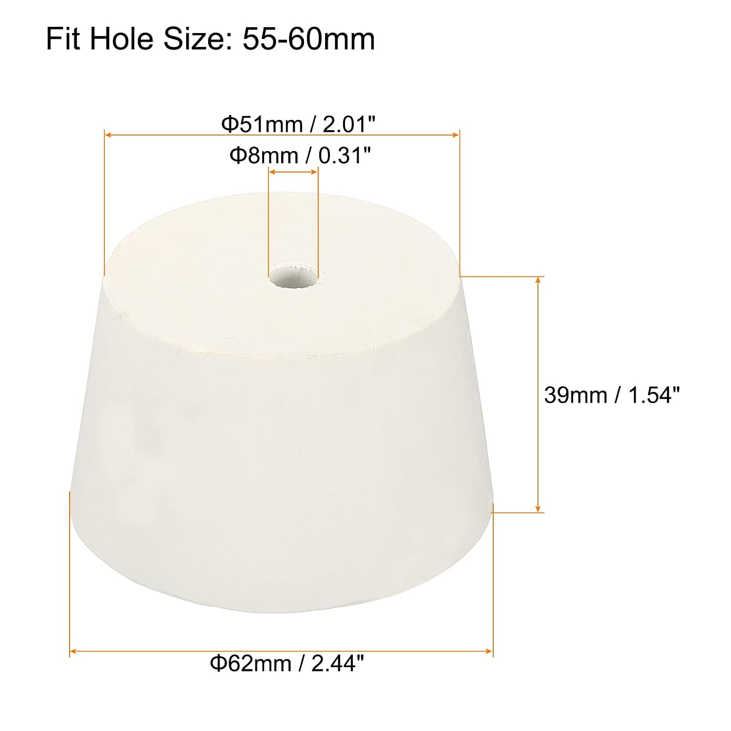 MECCANIXITY Rubber Tapered Plug 51mm to 62mm with 8mm Hole Test Tubes Bungs Stopper White for Lab Home 2 Pieces