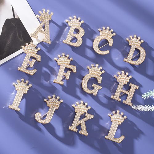 Image of Letter Rhinestone Brooches for Women Gold Silver Initial Crown Lapel Bag Clothing Dress Custom Jewelry Gifts