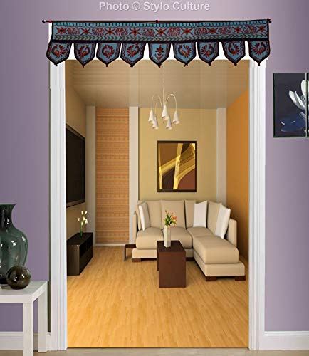 Stylo Culture Indian Cotton Window Valance For Kids Bedroom Blue Ethnic Embroidered Elephant Scarf Curtain Topper Home Decor Traditional Swag Curtain Door Hanging Toran