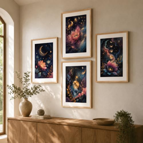 Image of Livin'luxe Set of 4 Celestial Moon Lotus Floral Wall Paintings with Sparkle Laminate and Premium Wooden Synthetic Frame for Living Room Bedroom Office Decor (13.5 x 19.5 Inch)