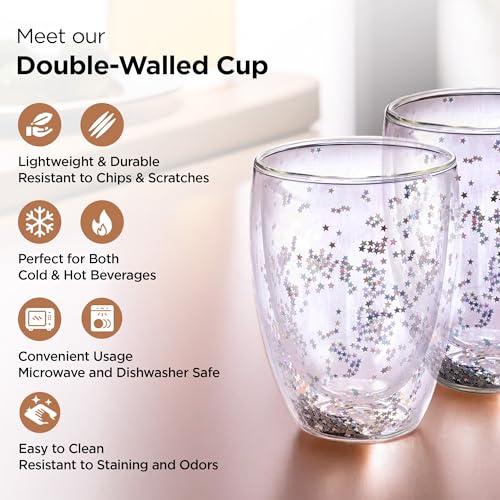 Image of The Better Home Double Wall Borosilicate Glass Cups Coffee Mugs | Teacups Set of 2-350ml Each |Starry Design | High Thermal Resistance | Microwave /Dishwasher Safe | Transparent Storage Jars.