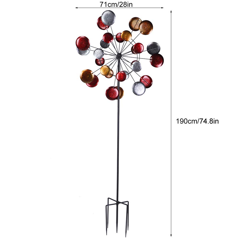 Wakects Kolorowe Błystki Ogrodowe Żelazny Wiatrak 71 X 190 Cm Zewnętrzne Wiatraki z 4 Przeciwległymi Kołami Obrotowymi Metal Malowany Proszkowo do Dekoracji Patio na Trawniku Ogrodowym