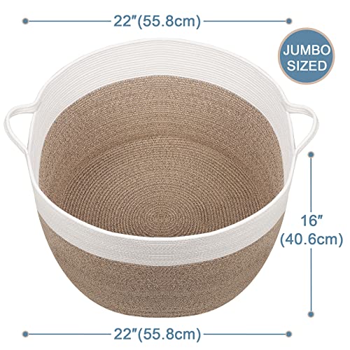 Bambiso Xxxxlarge Brown And White Cotton Rope Basket Mega Size 22"X22"X16" Blanket Basket Woven Fabric Storage Laundry Basket, Kids Toys Bin, Baby Nursery Organizer Or Hamper, Floor Decor Basket #TOP1