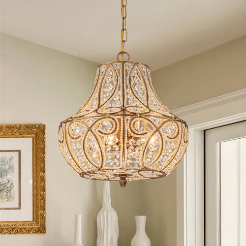 Image of 4-Light Antique Gold Gourd Beaded Chandelier, 13 inch Vintage Crystal Pendant Lighting Fixture for Dining Room, Living Room, Kitchen Island, Bedroom