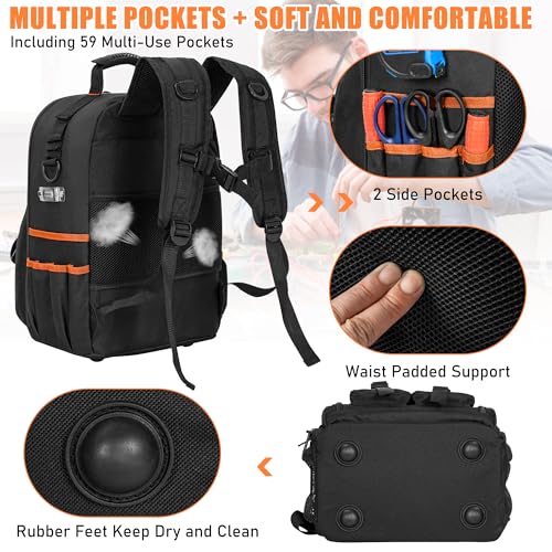 Image of Tool Backpack for Men with Removable Tool Organizer | Heavy Duty Tool Bag, Durable Water-Resistant Work Backpack for Electrician, Plumber, HVAC, Cable Repairman, Black & Orange