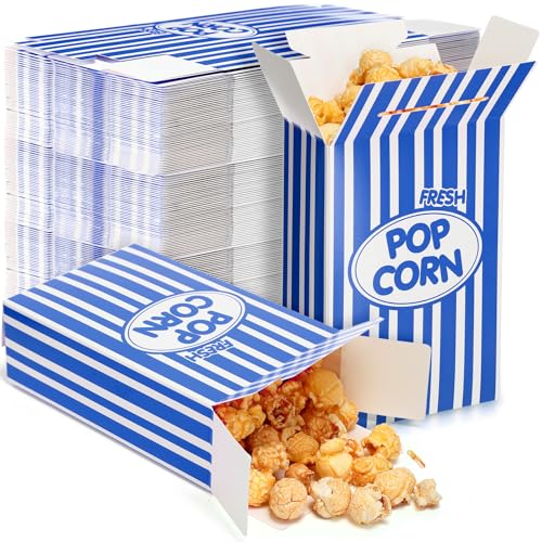 Image of Xinnun 200 Pcs Paper Popcorn Boxes 1oz Oil-proof Disposable Striped Popcorn Boxes Container Leak Proof Paper Holders for Movie Night, Party, Birthday, Wedding (Dark Blue)