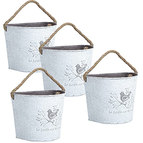 4Pcs Galvanized Metal Wall Planter- Wall Hanging Bucket Vintage Rustic Flowers Vase Planter Holder With Rope For Home Wall Decor Or Plants Flowers Growing (5.5'') #TOP1