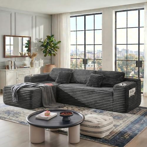 Image of 106 inch Cloud Sectional Couch with L Shape Chaise, Modern Frameless Modular Sofa with Cup Holders, Higher 17.7 inch Seat Height, 32D Pure Foam, No Assembly for Apartment (Dark Gray, Left Facing Chaise)