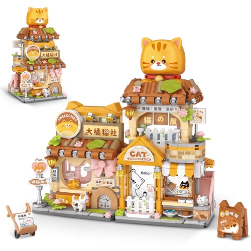 Image of Street View Cute Cat Shop Mini Building Blocks, MOC Creative Building Toys Cute Animals Building Set for Girls 6-12, Simulation Architecture Construction Toy, Gift Idea for Kids Adults (917 PCS)