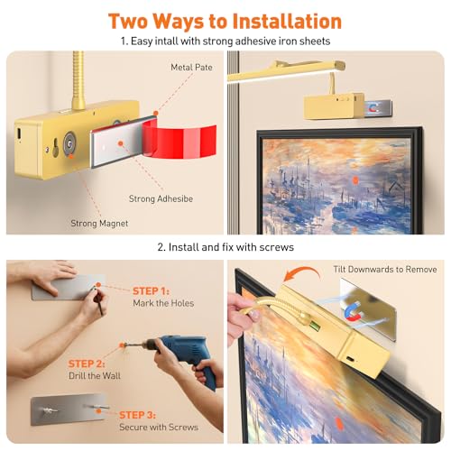Picture Light, 15.35inch Wireless Picture Lights for Wall Rechargeable, 5400mAh Battery Wall Light with Remote, 3 Color Art Lighting for Paintings with Timer and Dimmable for Display, Gallery (Gold)